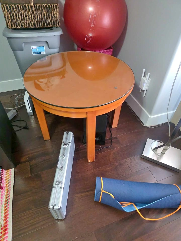 Orange Round Wood Table with Glass Top