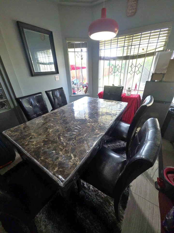 6 Seater Dining Faux Marble Table with 6 Chairs