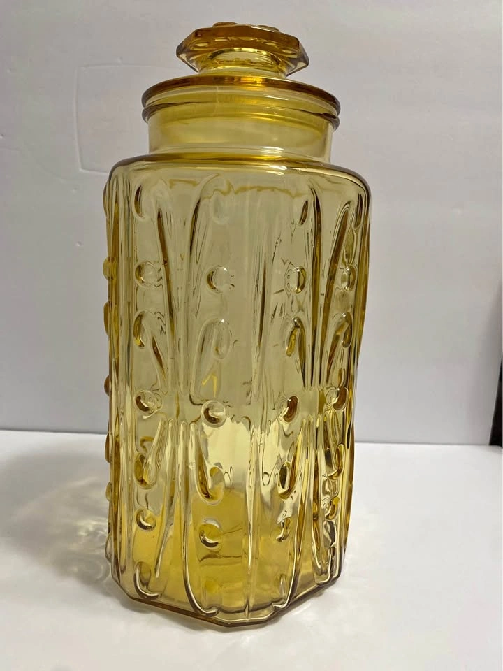 Vtg LE Smith Amber Glass Canister, Imperial Atterbury Scroll