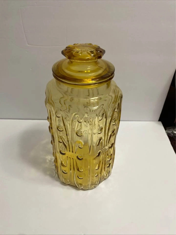 Vtg LE Smith Amber Glass Canister, Imperial Atterbury Scroll - photo 2