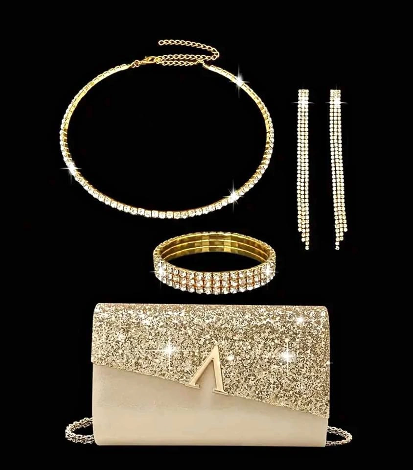 Brand new beautiful gold glitter evening party bag with jewelry