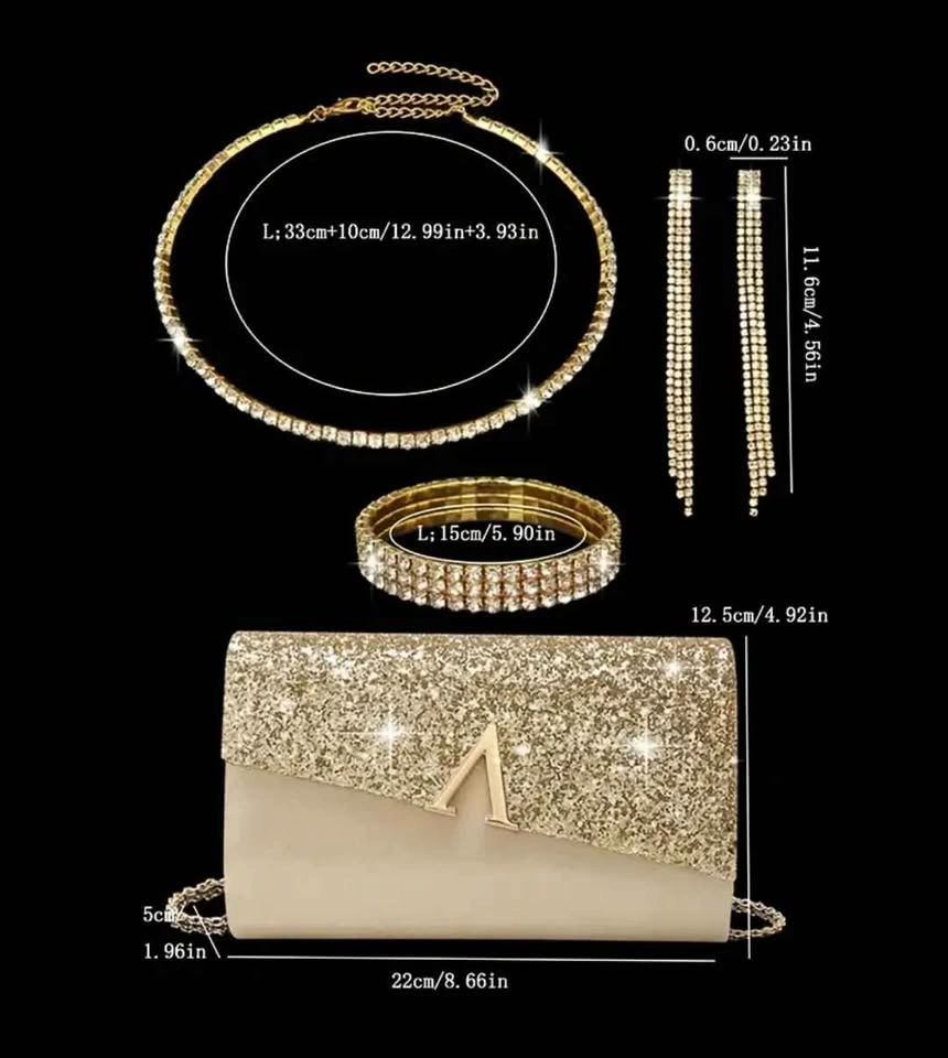 Brand new beautiful gold glitter evening party bag with jewelry - photo 2