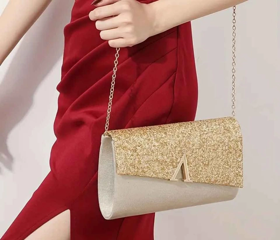 Brand new beautiful gold glitter evening party bag with jewelry - photo 3