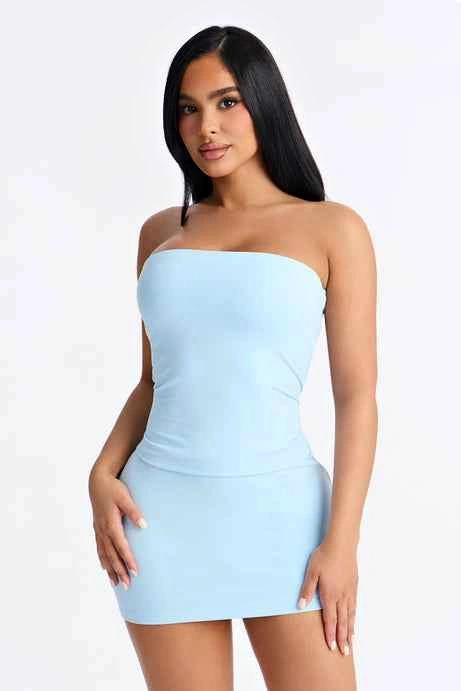 Light blue strapless mini dress