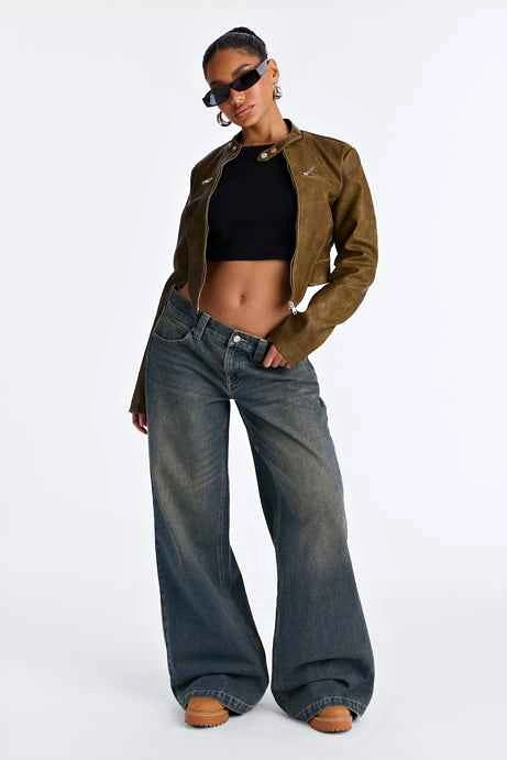 Faded Blue Distressed Wide-Leg Low-Rise Denim Jeans