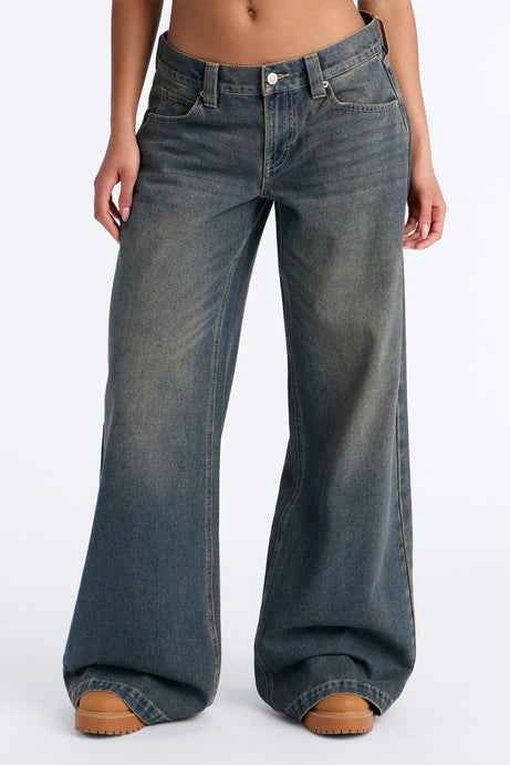 Faded Blue Distressed Wide-Leg Low-Rise Denim Jeans - photo 2