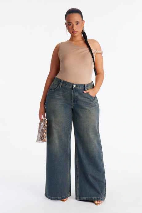 Faded Blue Distressed Wide-Leg Low-Rise Denim Jeans - photo 3