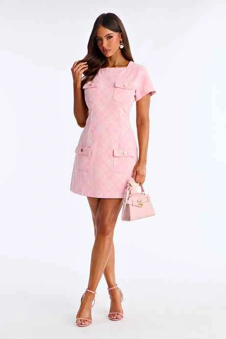 Denim Pink Plaid Mini Dress Short Sleeve Square Neck Pockets