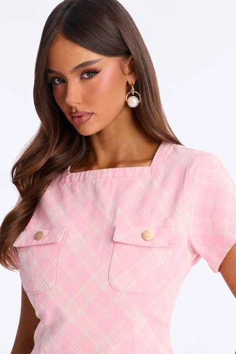 Denim Pink Plaid Mini Dress Short Sleeve Square Neck Pockets - photo 2