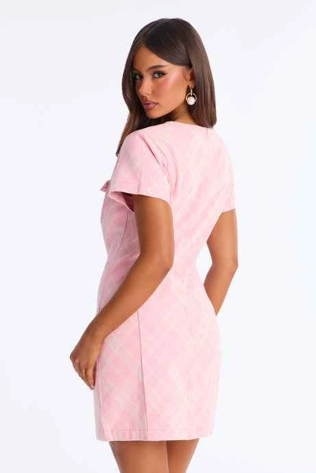 Denim Pink Plaid Mini Dress Short Sleeve Square Neck Pockets - photo 3