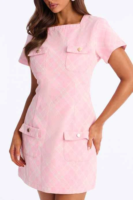 Denim Pink Plaid Mini Dress Short Sleeve Square Neck Pockets - photo 4