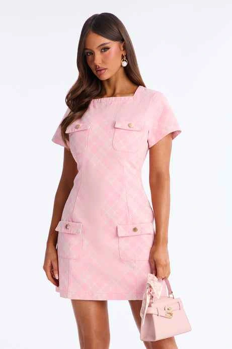 Denim Pink Plaid Mini Dress Short Sleeve Square Neck Pockets - photo 5