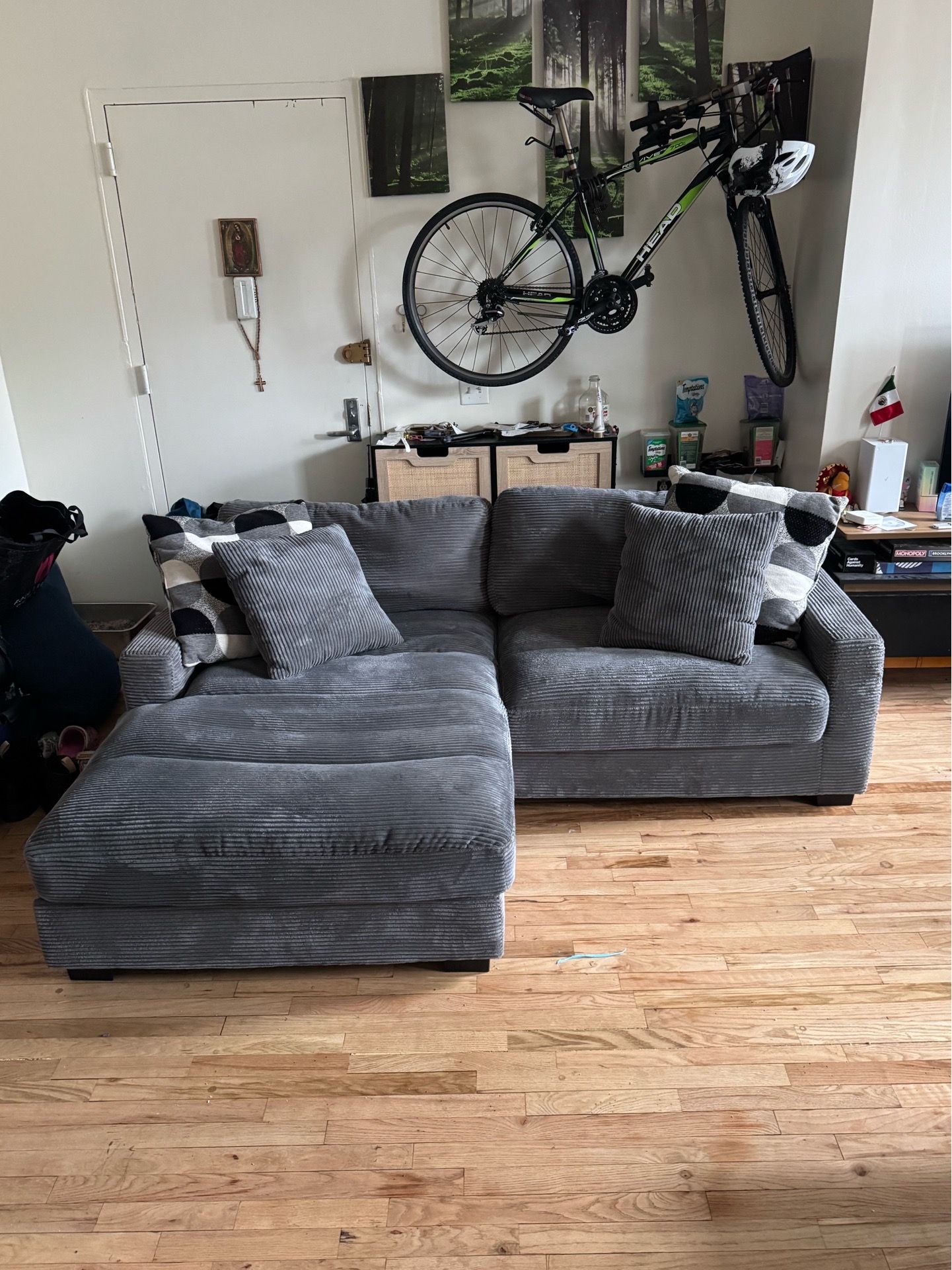 Grey 86 Inch Ribbed Fabric Sofa Chaise