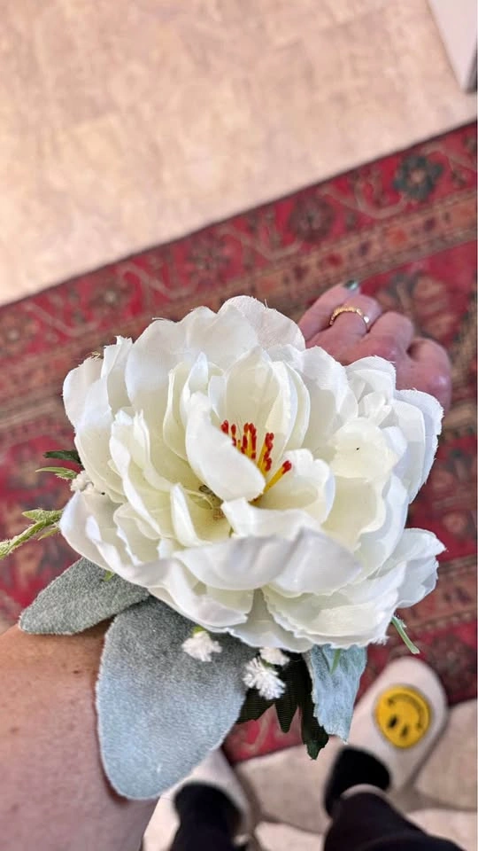 White Faux Flower Wristlet Graduation, Confirmation