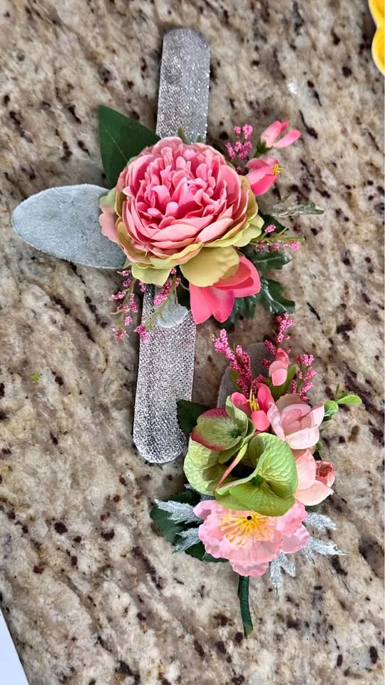 GRADUATION! Wristlet & Boutonniere in pink and soft green