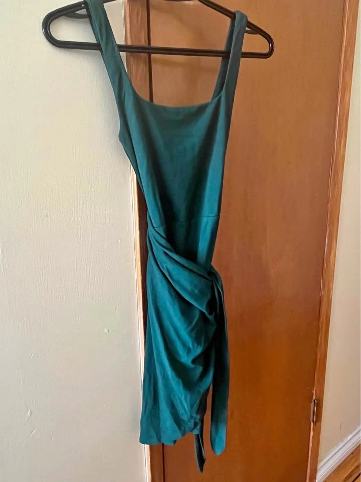 Aritzia Wilfred Dark Teal Green Ruched Tie Dress XS