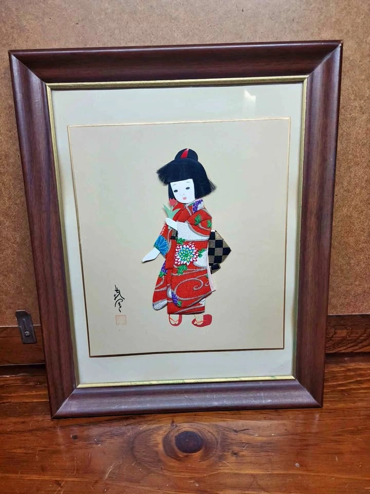 Vintage Japanese Oshie Textile Art – Framed Handmade Kimono Girl