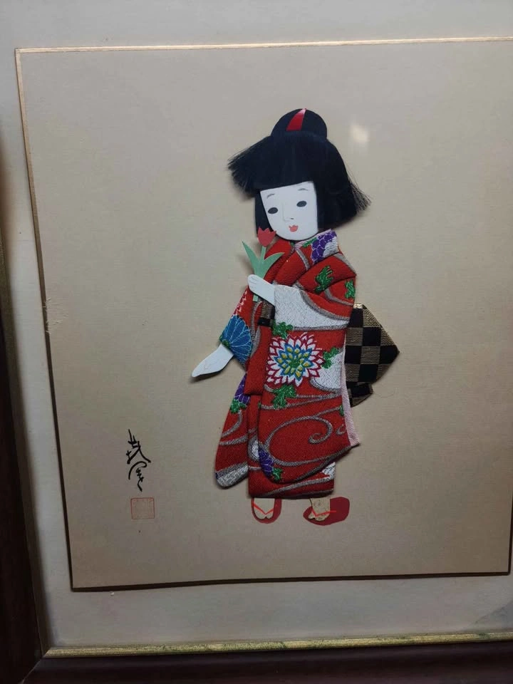 Vintage Japanese Oshie Textile Art – Framed Handmade Kimono Girl - photo 2