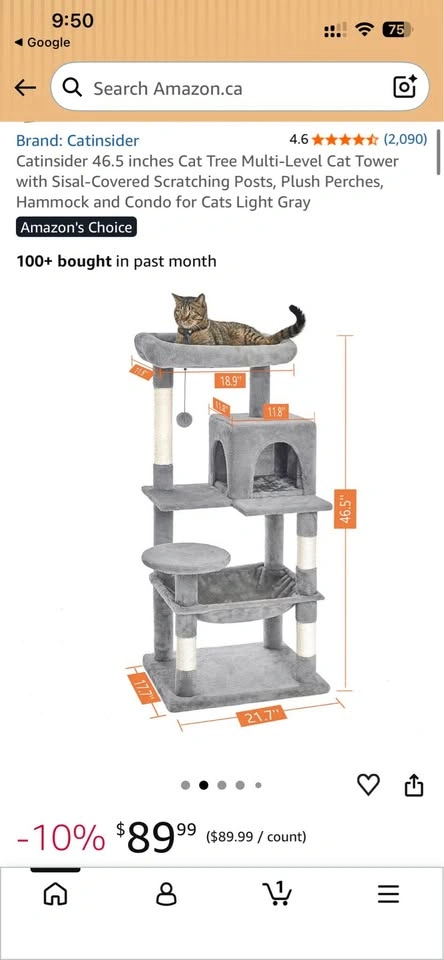 Cat Tree Light Gray w/ Condo Hammock Scratching Posts - photo 2