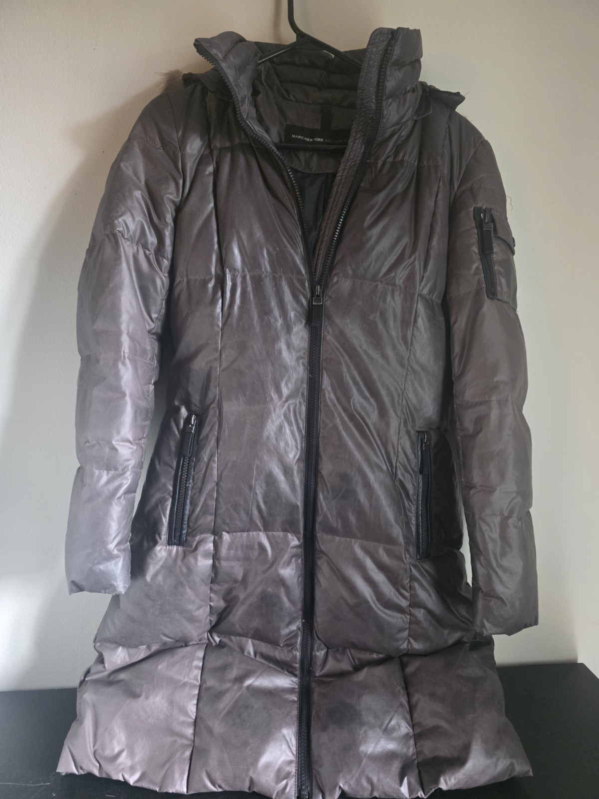 Andrew Marc Women's Long Puffer Coat - Metallic Grey, Faux Fur H