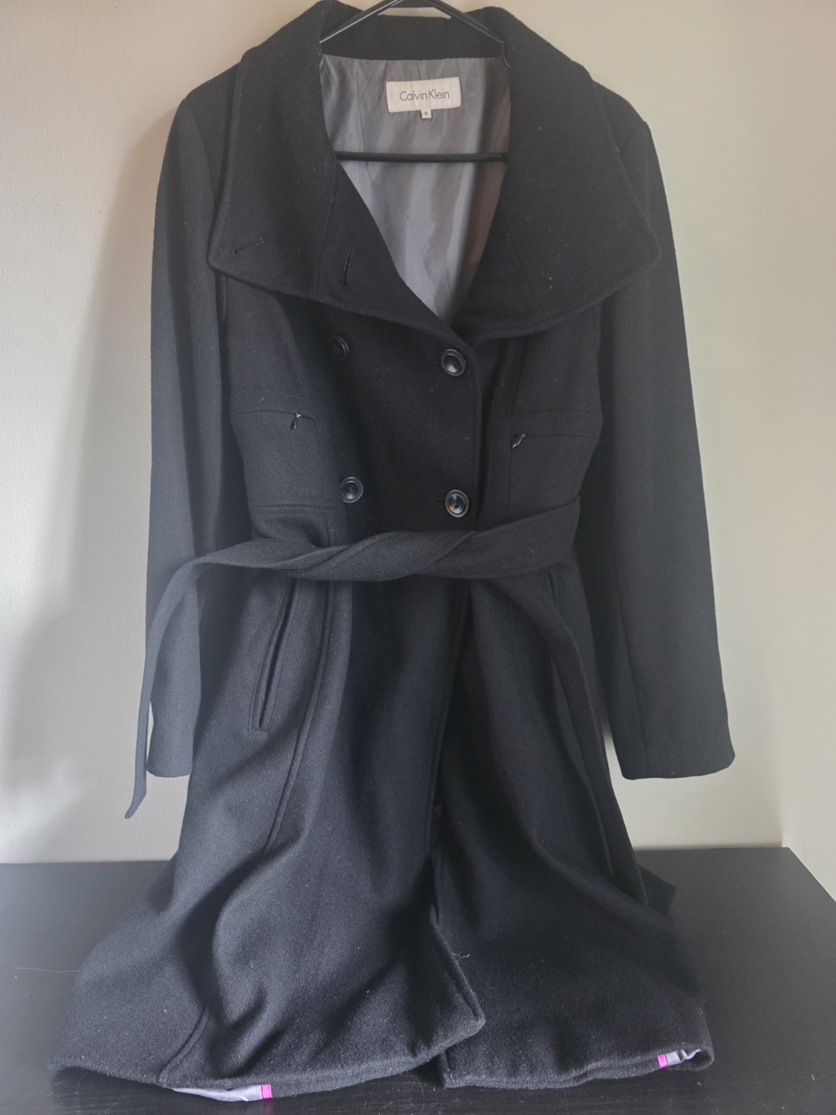 Calvin Klein Women's Black Wool Blend Belted Coat Size 8