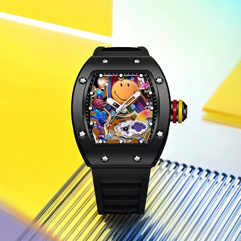 Men's Colorful Cartoon Dial Watch Quartz Tonneau Case Silicone B