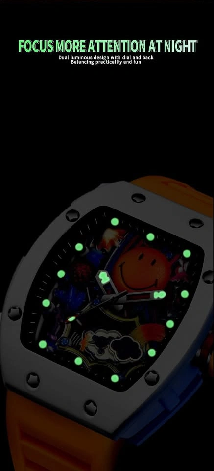 Men's Colorful Cartoon Dial Watch Quartz Tonneau Case Silicone B - photo 4