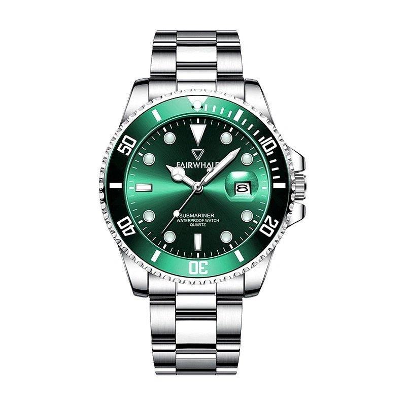 Men’s Stainless Steel Diver Style Watch Green Sunburst Dial