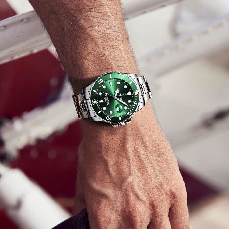 Men’s Stainless Steel Diver Style Watch Green Sunburst Dial - photo 2
