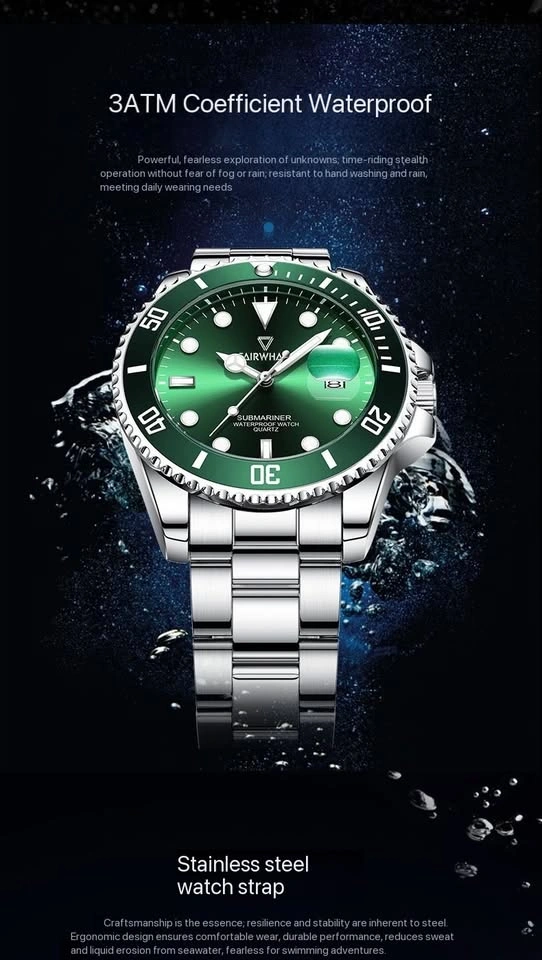 Men’s Stainless Steel Diver Style Watch Green Sunburst Dial - photo 3