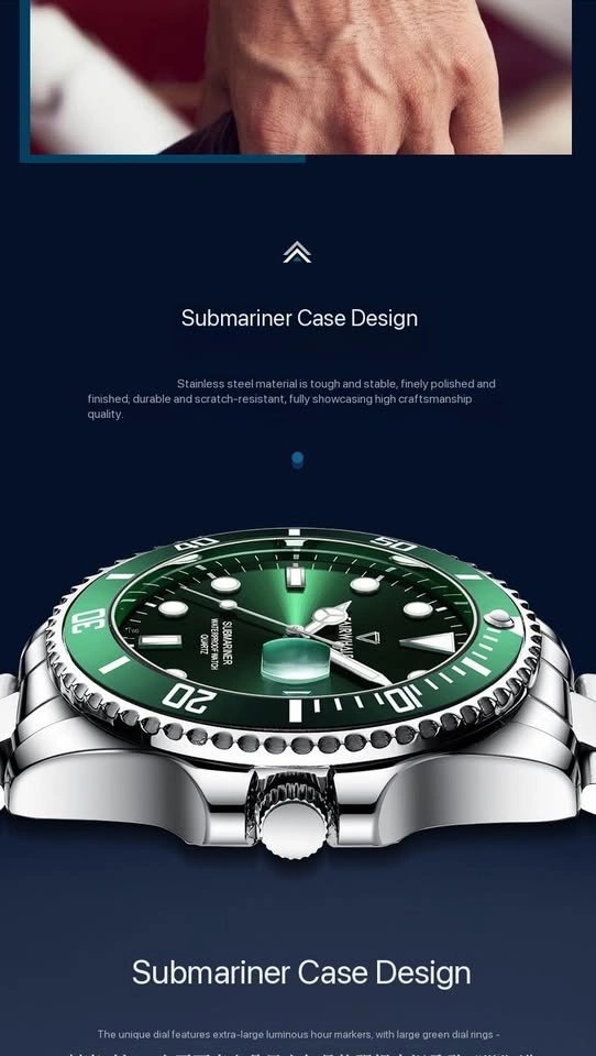 Men’s Stainless Steel Diver Style Watch Green Sunburst Dial - photo 4