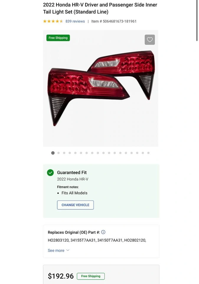 19-22 Honda HR-V Inner Tail Light Set - Driver & Passenger - photo 2
