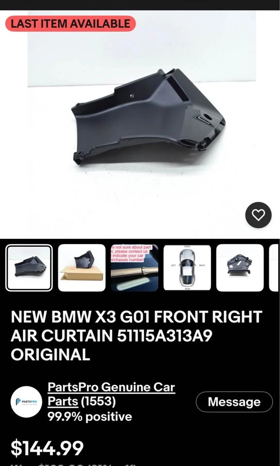 BMW OEM Front Right Air Curtain Molding Trim RH 9451142 NEW - photo 4