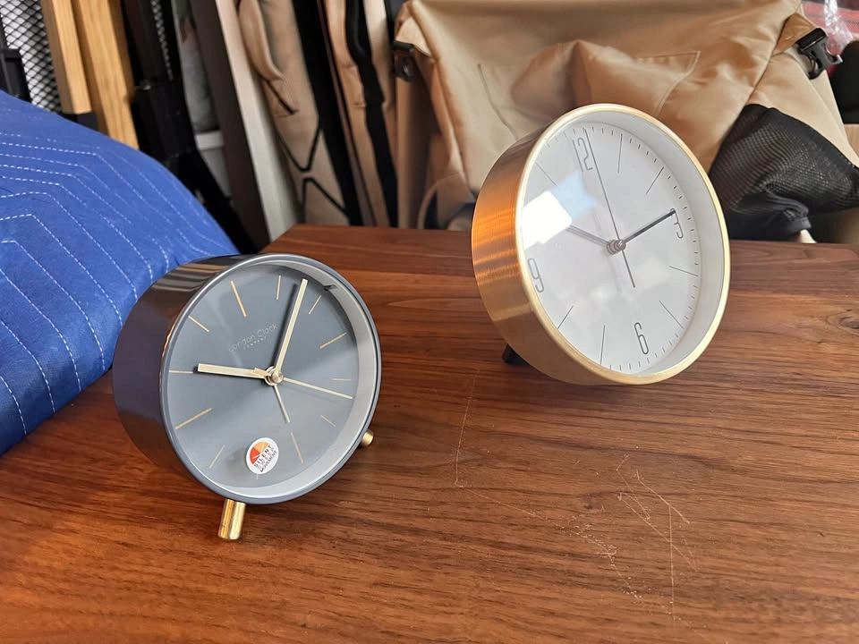 2 Contemporary Table Clocks (Blue/Green & Brass)