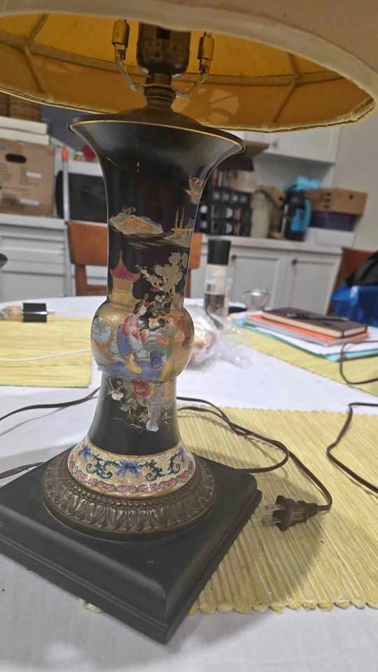 Vintage Black Chinoiserie Porcelain Lamp - Pagoda Shade