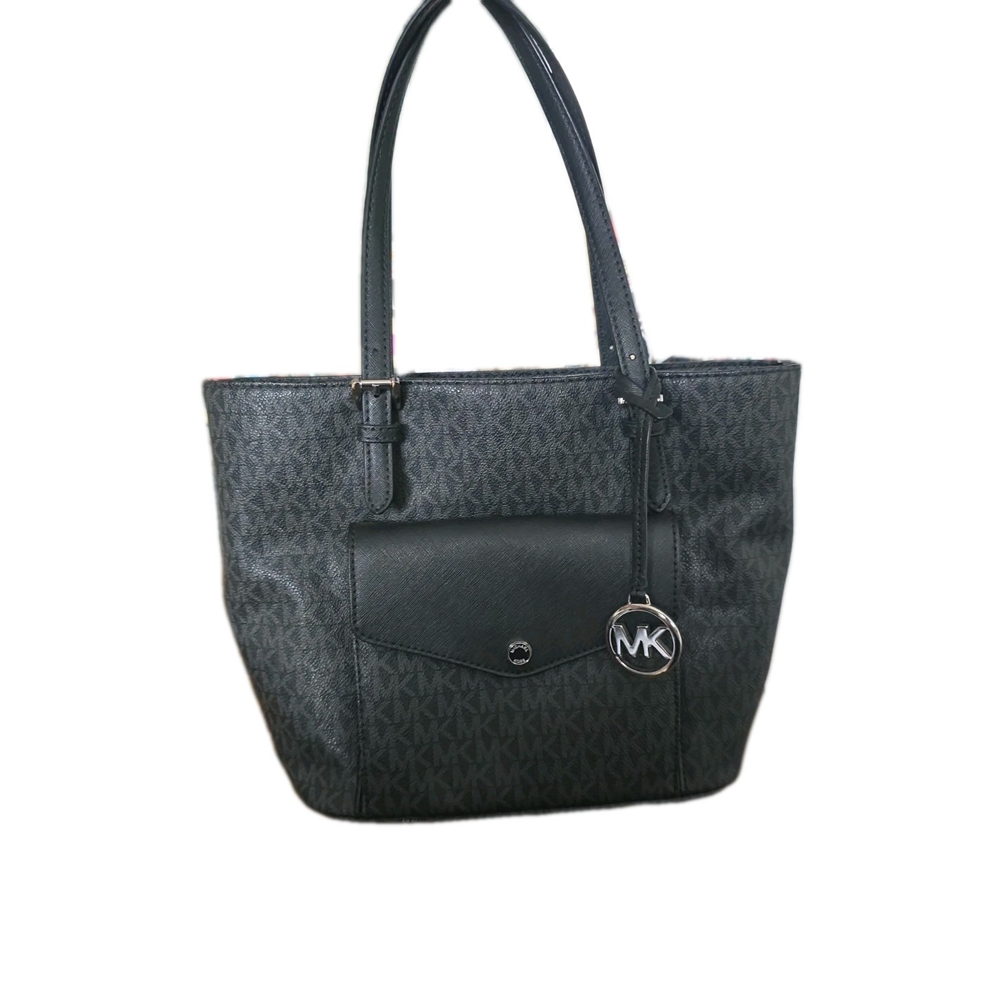 Michael Kors Black Leather MK Printed Pocket Satchel Bag