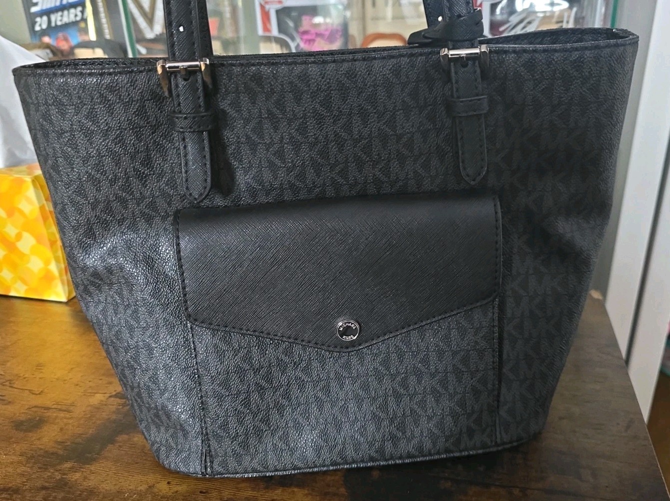 Michael Kors Black Leather MK Printed Pocket Satchel Bag - photo 2