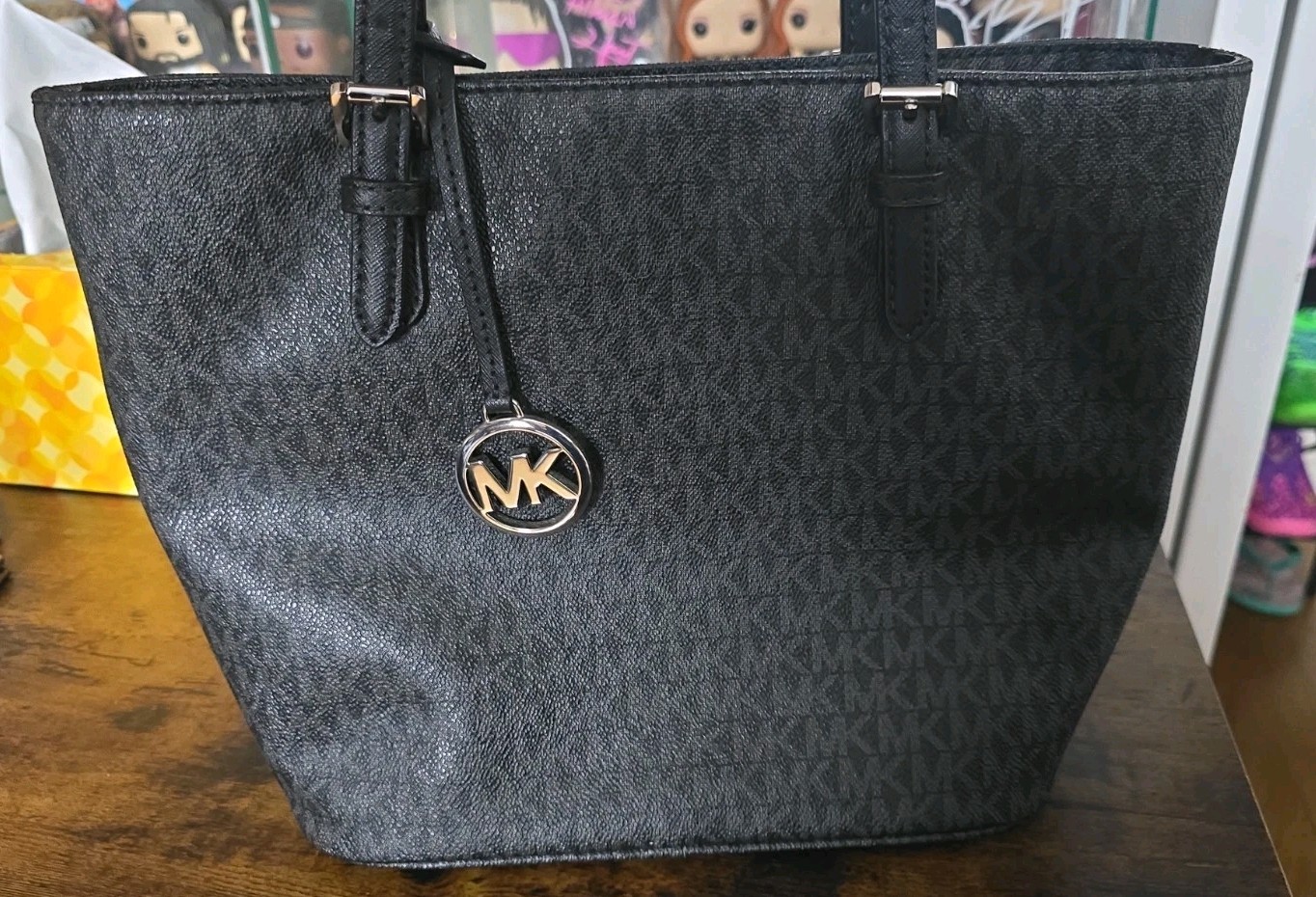 Michael Kors Black Leather MK Printed Pocket Satchel Bag - photo 3