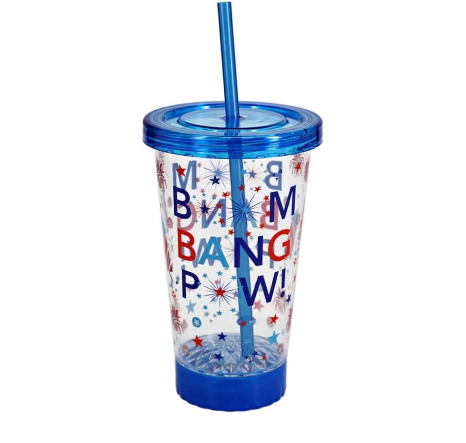 18 oz Blue Patriotic Light Up Tumbler w/ Straw - "Boom Bang Pow"