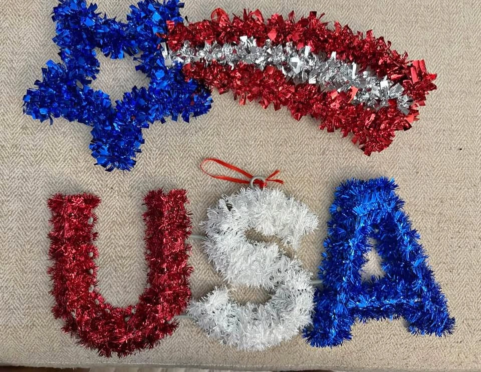 Patriotic Tinsel Wall Decorations, Red, White and Blue, Assorted