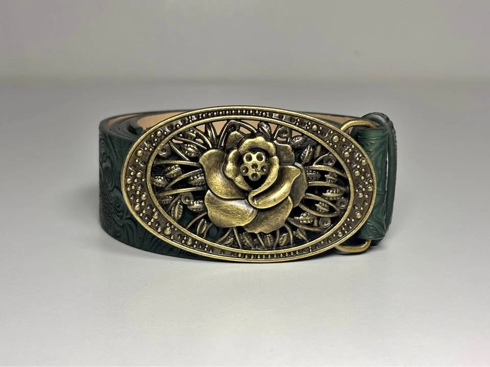 Green Embossed Belt w Rose Buckle
