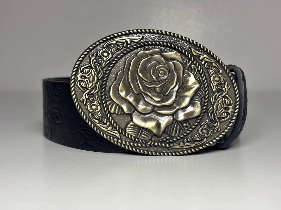 Black Belt w/ Rose Buckle Floral Embossed