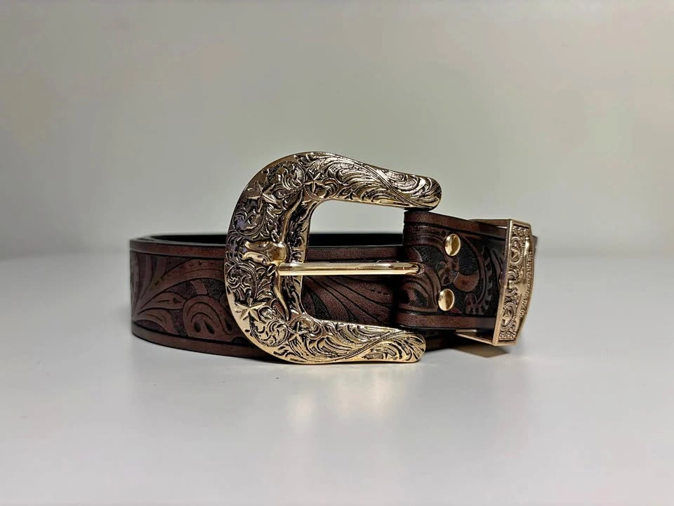 Brown Western Belt Gold Ornate Buckle