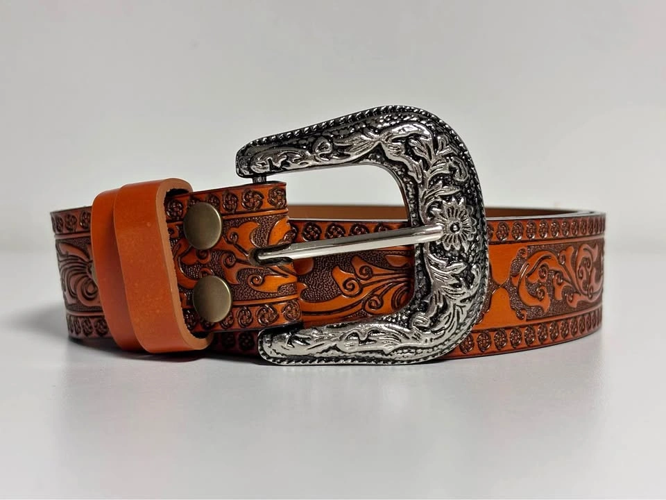 LEATHER New Western Carved Leather Belt Silver Buckle