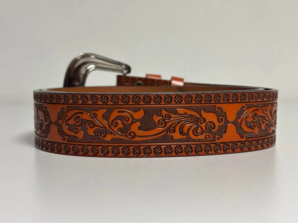 LEATHER New Western Carved Leather Belt Silver Buckle - photo 2