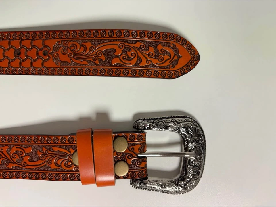 LEATHER New Western Carved Leather Belt Silver Buckle - photo 3