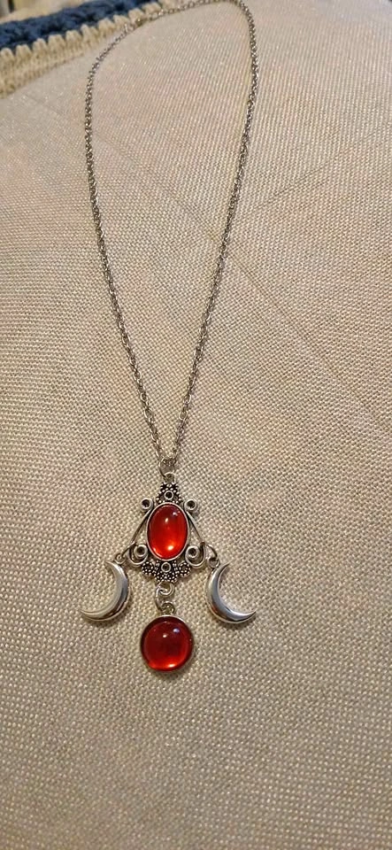 New Silver Red Triple Moon Necklace