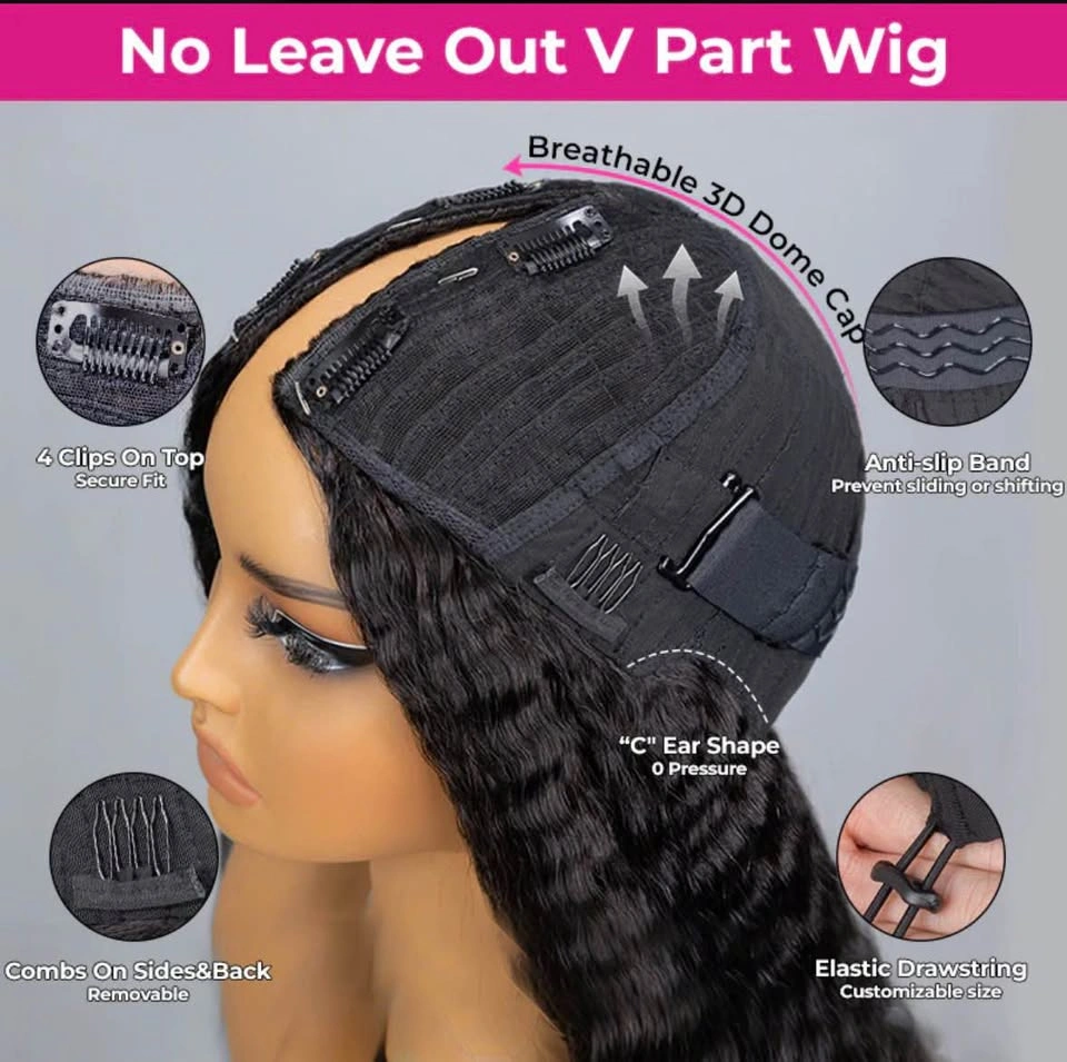 V Part Kinky Straight Human Hair Wig - Glueless Beginner Friendl - photo 3