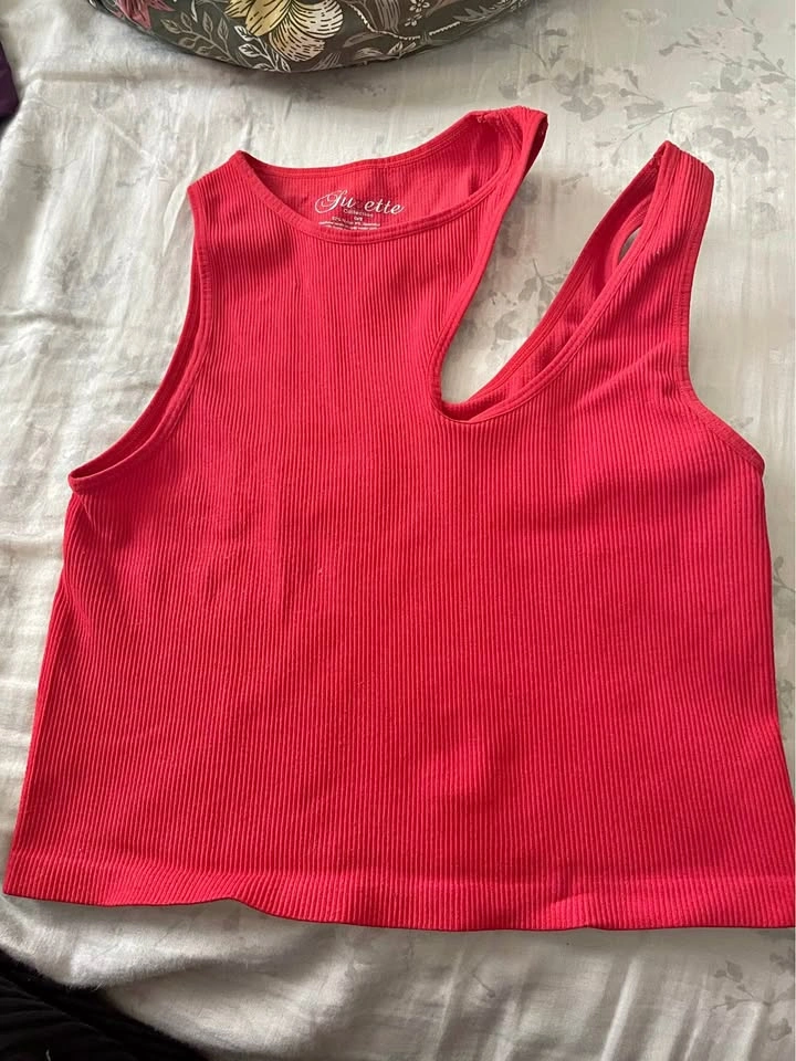 Suzette Collection Red Ribbed Asymmetrical Neckline Tank Top