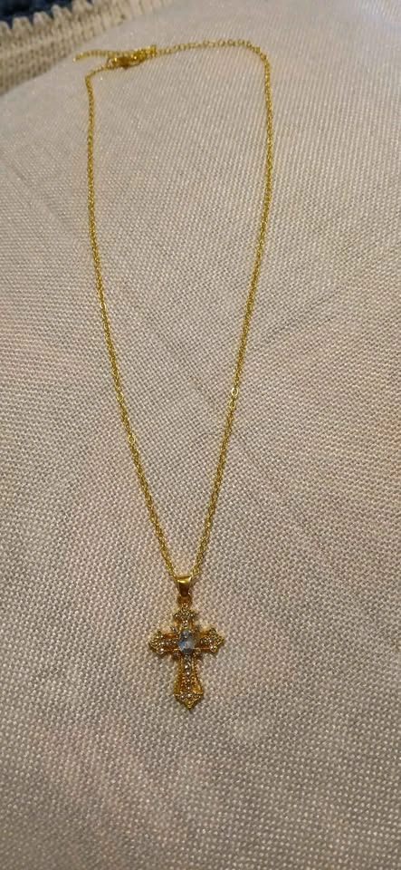 New Aquamarine Gemstone Cross Golden Necklace - photo 3